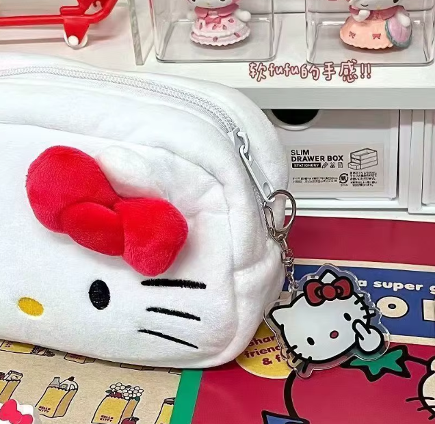 Cute Hello Kitty Plush Pencil Case Student Large Capacity Stationery Bag Kawaii Cute Girls Makeup Storage Bag Party Gifts